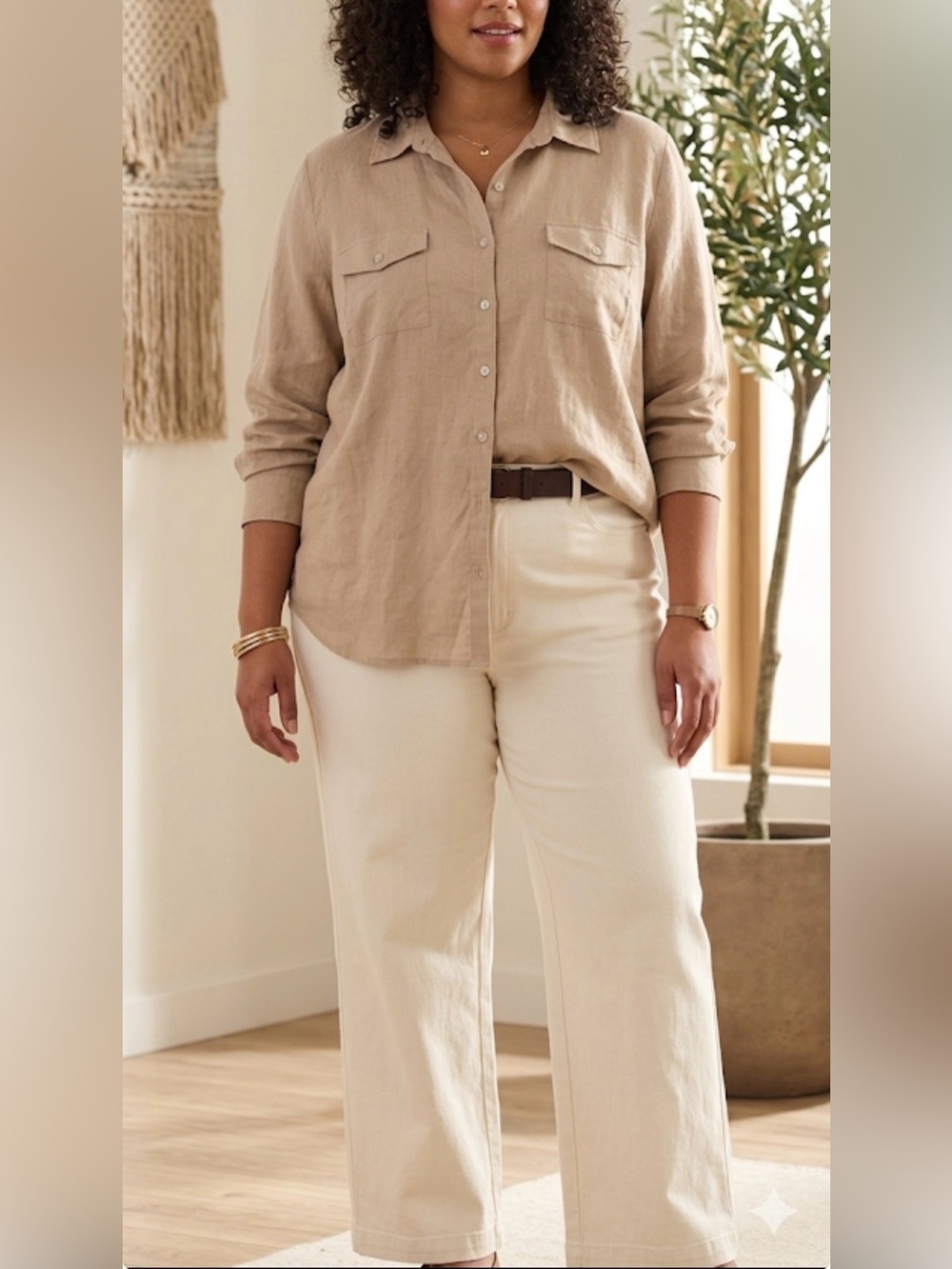 Studio Works Women’s Sz 2X 100% Linen Tan Beige Button-Up Shirt Pockets